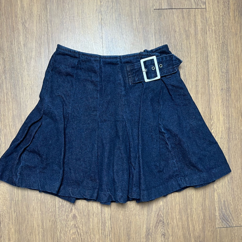 Reformation Navy Denim Skirt with Silver Buckle